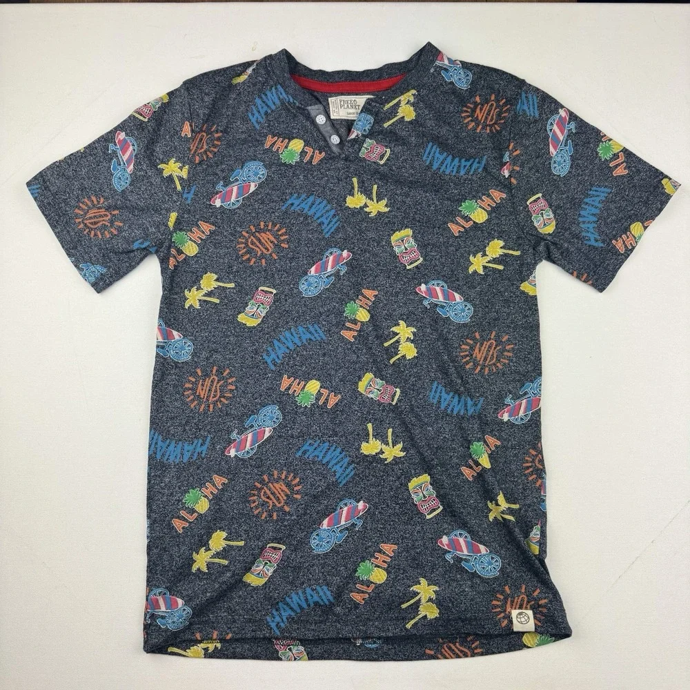 Free Planet Boys L 14 16 Hawaiian Tiki Aloha Surf Henley Shirt Tropical